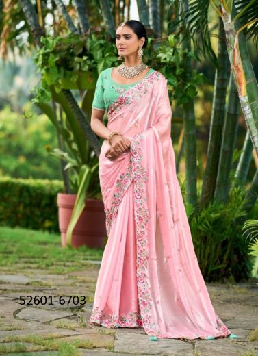 Pink & Mint Green Handwork Wedding-Wear Silk Embroidered Saree