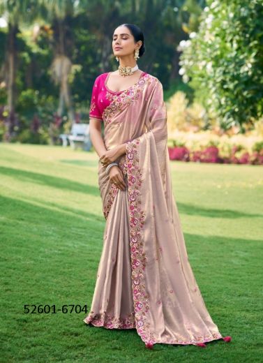 Light Brown & Magenta Handwork Wedding-Wear Silk Embroidered Saree