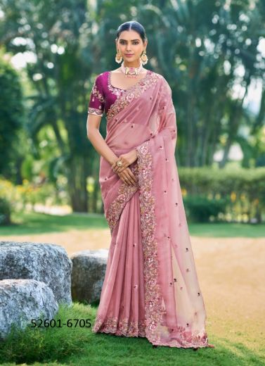 Pink & Purple Handwork Wedding-Wear Silk Embroidered Saree