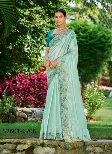 Light Blue Handwork Wedding-Wear Silk Embroidered Saree