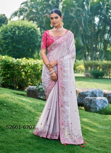 White & Magenta Handwork Wedding-Wear Silk Embroidered Saree