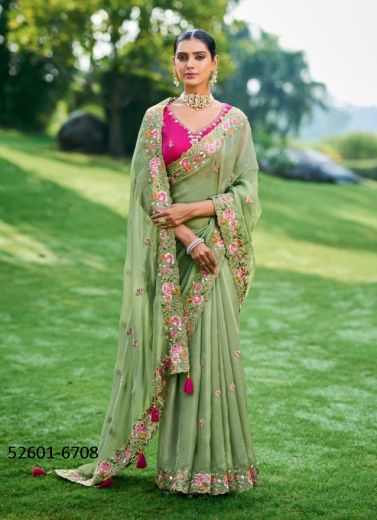 Light Green & Magenta Handwork Wedding-Wear Silk Embroidered Saree