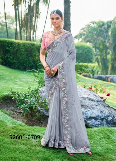 Gray & Pink Handwork Wedding-Wear Silk Embroidered Saree