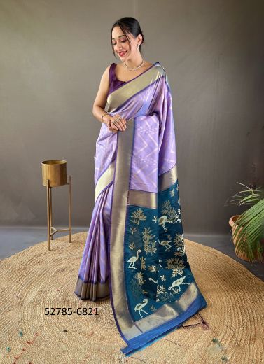 Lavender & Sea Blue Woven Viscose Jari Silk Zig-Zag Saree For Traditional / Religious Occasions