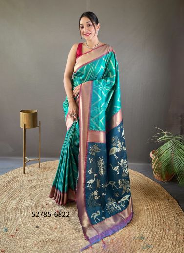 Aqua & Sea Blue Woven Viscose Jari Silk Zig-Zag Saree For Traditional / Religious Occasions