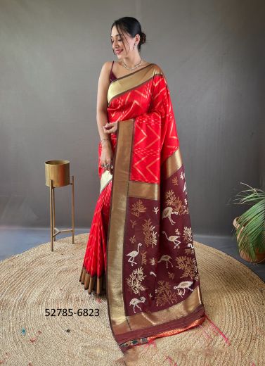 Red & Wine Woven Viscose Jari Silk Zig-Zag Saree For Traditional / Religious Occasions