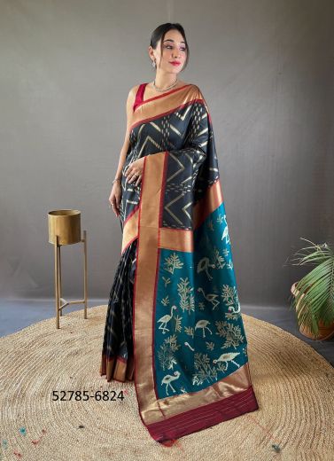 Black & Sea Blue Woven Viscose Jari Silk Zig-Zag Saree For Traditional / Religious Occasions