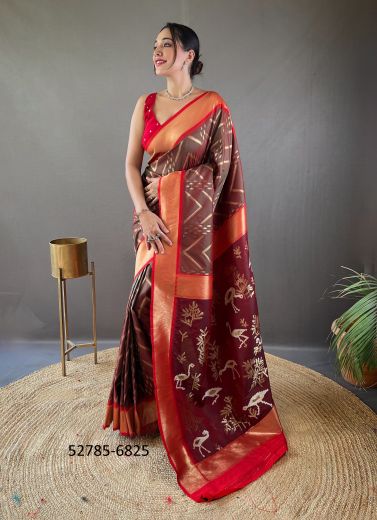 Maroon & Wine Woven Viscose Jari Silk Zig-Zag Saree For Traditional / Religious Occasions