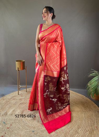 Salmon & Wine Woven Viscose Jari Silk Zig-Zag Saree For Traditional / Religious Occasions