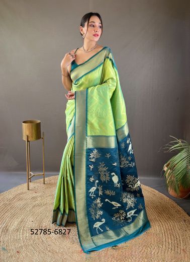 Light Green & Sea Blue Woven Viscose Jari Silk Zig-Zag Saree For Traditional / Religious Occasions