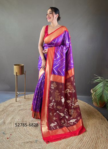 Violet & Wine Woven Viscose Jari Silk Zig-Zag Saree For Traditional / Religious Occasions