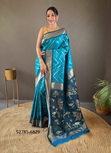 Sky & Sea Blue Woven Viscose Jari Silk Zig-Zag Saree For Traditional / Religious Occasions