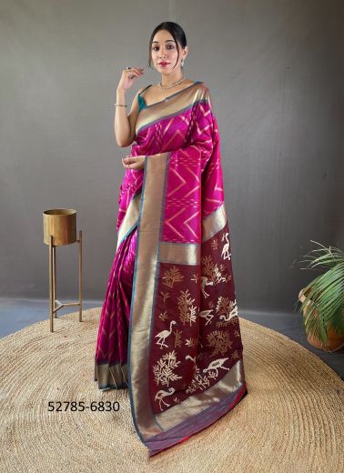 Purple & Wine Woven Viscose Jari Silk Zig-Zag Saree For Traditional / Religious Occasions