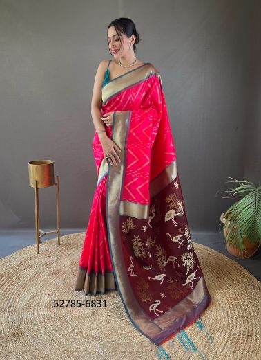 Magenta & Wine Woven Viscose Jari Silk Zig-Zag Saree For Traditional / Religious Occasions