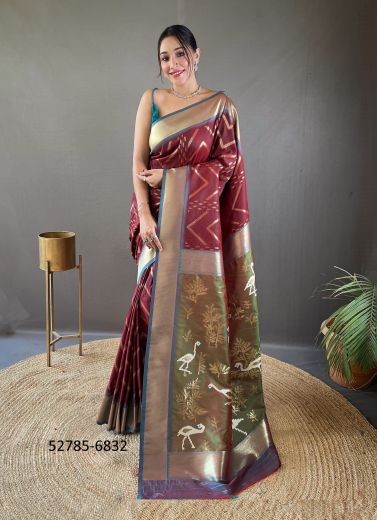 Wine & Olive Green Woven Viscose Jari Silk Zig-Zag Saree For Traditional / Religious Occasions