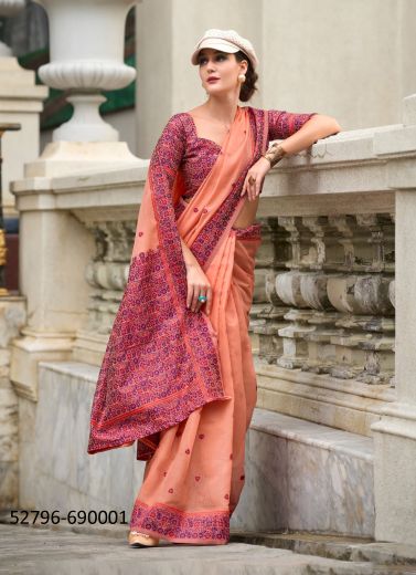 Salmon Linen-Cotton Minakari Thread-Work Festive-Wear Saree