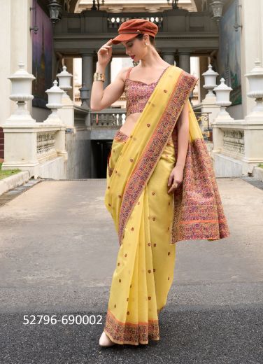 Yellow Linen-Cotton Minakari Thread-Work Festive-Wear Saree