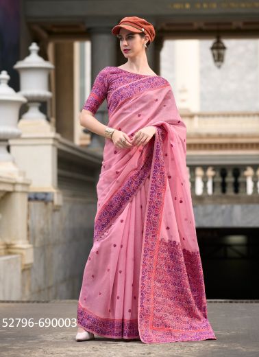 Pink Linen-Cotton Minakari Thread-Work Festive-Wear Saree