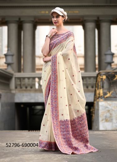 Light Cream Linen-Cotton Minakari Thread-Work Festive-Wear Saree