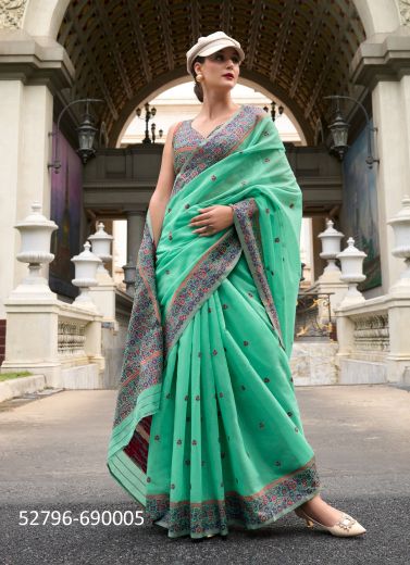 Mint Green Linen-Cotton Minakari Thread-Work Festive-Wear Saree