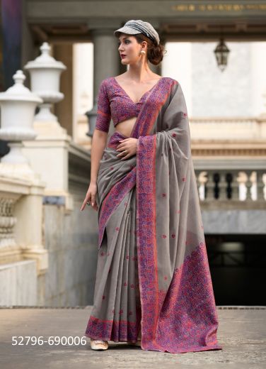 Gray Linen-Cotton Minakari Thread-Work Festive-Wear Saree