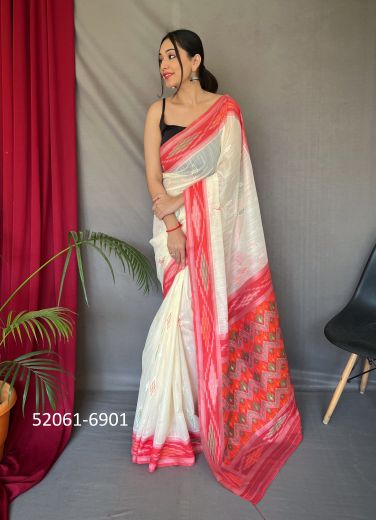 White & Red Linen-Cotton Ikkat-Printed Office-Wear Saree