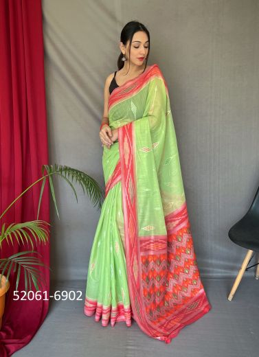 Light Green & Red Linen-Cotton Ikkat-Printed Office-Wear Saree