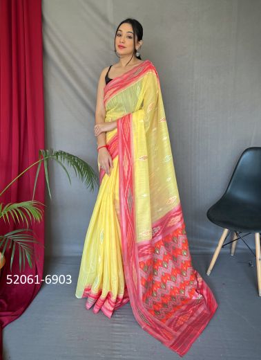 Yellow & Red Linen-Cotton Ikkat-Printed Office-Wear Saree