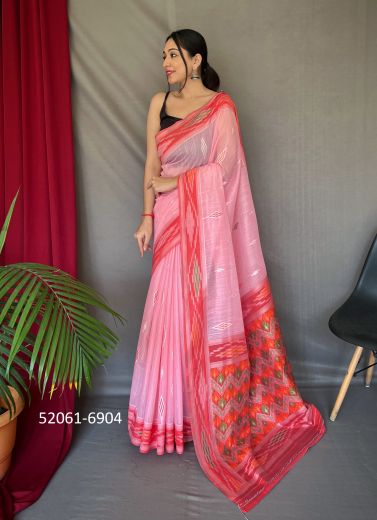 Pink & Red Linen-Cotton Ikkat-Printed Office-Wear Saree