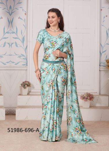 Light Aqua Satin Georgette Digitally Printed Saree for Wearing in Kitty Parties & Carnivals