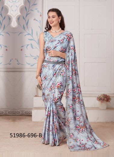 Light Steel Blue Satin Georgette Digitally Printed Saree for Wearing in Kitty Parties & Carnivals