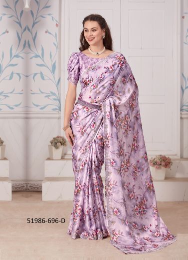 Lilac Satin Georgette Digitally Printed Saree for Wearing in Kitty Parties & Carnivals