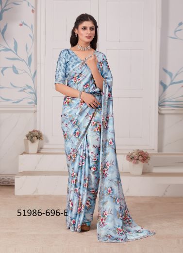 Light Blue Satin Georgette Digitally Printed Saree for Wearing in Kitty Parties & Carnivals