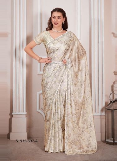 Bone White Satin Georgette Digitally Printed Saree for Wearing in Kitty Parties & Carnivals