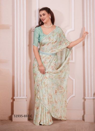 Light Green Satin Georgette Digitally Printed Saree for Wearing in Kitty Parties & Carnivals