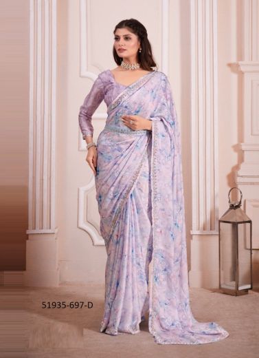 Light Lilac Satin Georgette Digitally Printed Saree for Wearing in Kitty Parties & Carnivals