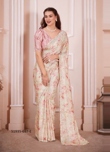 Cream Satin Georgette Digitally Printed Saree for Wearing in Kitty Parties & Carnivals