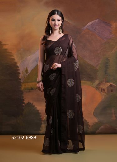 Dark Coffee Brown Georgette Sequins-Work Party-Wear Saree