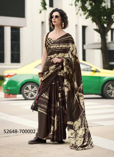 Dark Brown & Beige Japan Satin Digitally Printed Beautiful Saree For Kitty-Parties