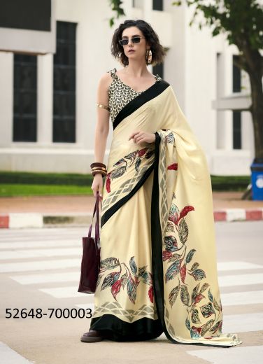 Cream & Black Japan Satin Digitally Printed Beautiful Saree For Kitty-Parties