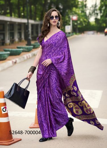 Violet & Pink Japan Satin Digitally Printed Beautiful Saree For Kitty-Parties