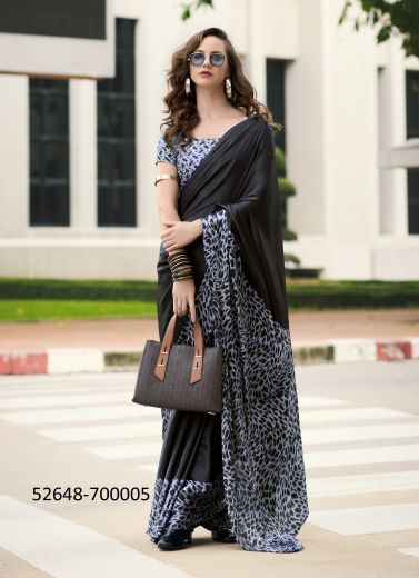 Black & Steel Blue Japan Satin Digitally Printed Beautiful Saree For Kitty-Parties