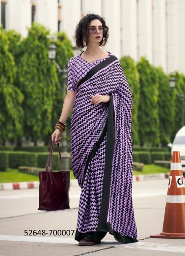 Lilac & Black Japan Satin Digitally Printed Beautiful Saree For Kitty-Parties