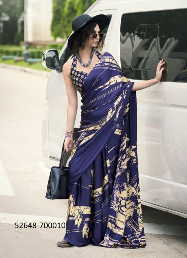 Blue & Beige Japan Satin Digitally Printed Beautiful Saree For Kitty-Parties