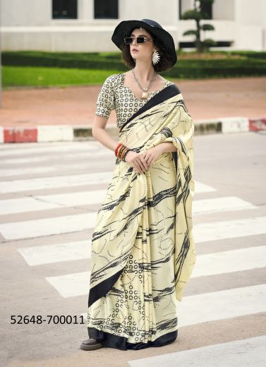 Cream & Black Japan Satin Digitally Printed Beautiful Saree For Kitty-Parties