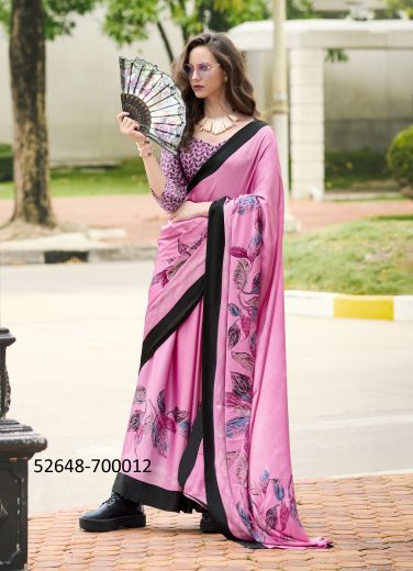 Pink & Black Japan Satin Digitally Printed Beautiful Saree For Kitty-Parties