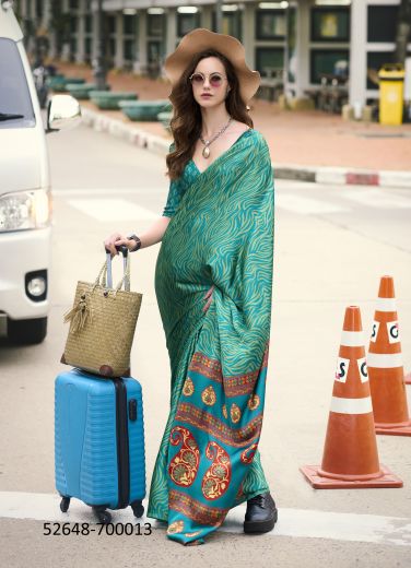 Teal Green Japan Satin Digitally Printed Beautiful Saree For Kitty-Parties