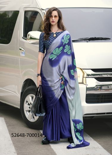 Navy Blue & Light Gray Japan Satin Digitally Printed Beautiful Saree For Kitty-Parties