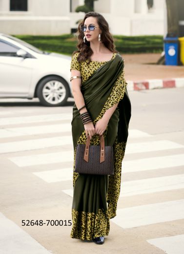 Dark Olive Green & Yellow Japan Satin Digitally Printed Beautiful Saree For Kitty-Parties