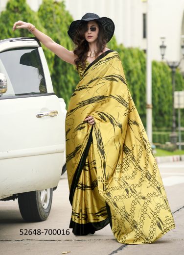 Yellow & Black Japan Satin Digitally Printed Beautiful Saree For Kitty-Parties